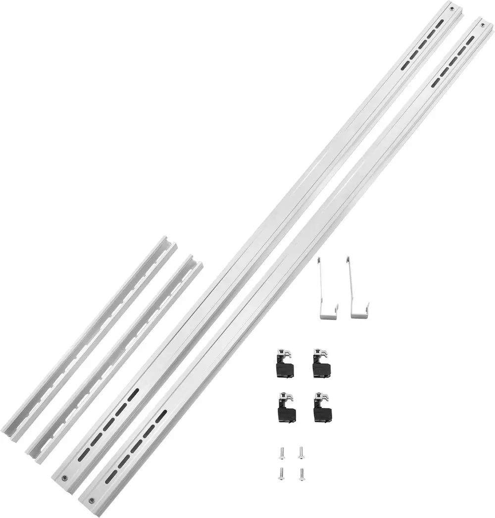 Montageset für Vakuumröhrenkollektoren mit verschiedenen Schienen, Halterungen und Befestigungselementen, passend für Bosch-Produkte.